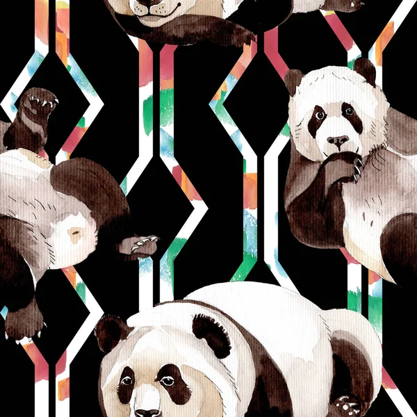 Panda exótica animal salvaje aislado. Conjunto de ilustración de fondo acuarela. Patrón de fondo sin costuras . —  Fotos de Stock