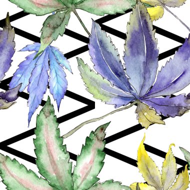 Kenevir yeşili yapraklar. Suluboya arkaplan çizimi. Kusursuz arkaplan deseni.