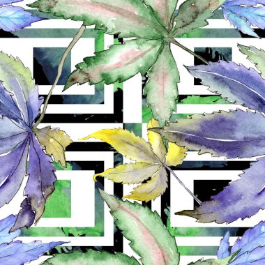 Kenevir yeşili yapraklar. Suluboya arkaplan çizimi. Kusursuz arkaplan deseni.