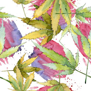 Kenevir yeşili yapraklar. Suluboya arkaplan çizimi. Kusursuz arkaplan deseni.