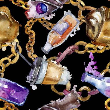 Taze ve soğuk alkolsüz içecekler. Suluboya arka plan illüstrasyon seti. Kesintisiz arka plan deseni.