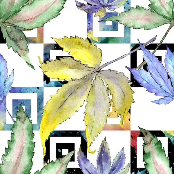 Feuilles de cannabis vert. Ensemble d'illustration de fond aquarelle. Modèle de fond sans couture . — Photo