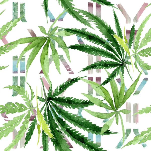 Foglie verdi di cannabis. Acquerello sfondo illustrazione set. Modello di sfondo senza soluzione di continuità . — Foto Stock