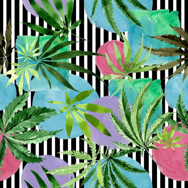 Foglie verdi di cannabis. Acquerello sfondo illustrazione set. Modello di sfondo senza soluzione di continuità . — Foto Stock