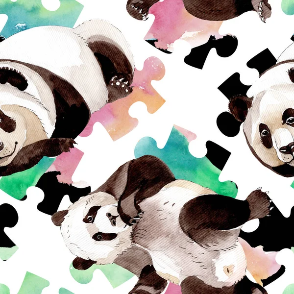 Panda exótica animal salvaje aislado. Conjunto de ilustración de fondo acuarela. Patrón de fondo sin costuras . —  Fotos de Stock