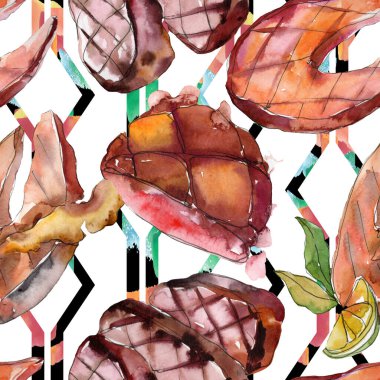 Izgara biftek lezzetli yemek. Suluboya arka plan illüstrasyon seti. Kesintisiz arka plan deseni.