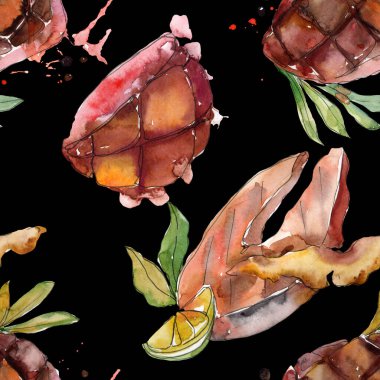 Izgara biftek lezzetli yemek. Suluboya arka plan illüstrasyon seti. Kesintisiz arka plan deseni.