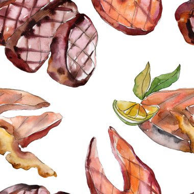 Izgara biftek lezzetli yemek. Suluboya arka plan illüstrasyon seti. Kesintisiz arka plan deseni.