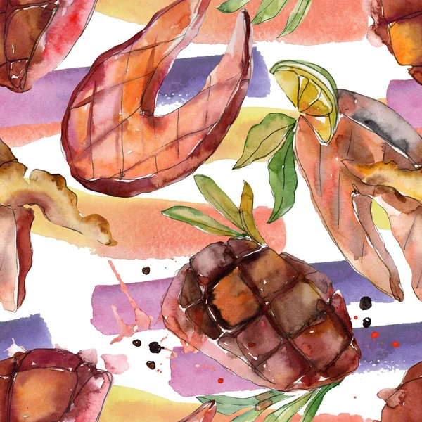 구운 스테이크 맛있는 음식. 수채화 배경 일러스트 세트입니다. 원활한 배경 패턴. — 스톡 사진
