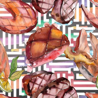 Izgara biftek lezzetli yemek. Suluboya arka plan illüstrasyon seti. Kesintisiz arka plan deseni.