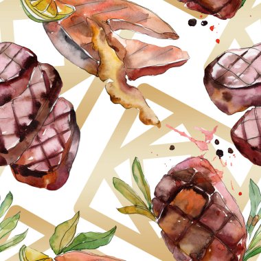 Izgara biftek lezzetli yemek. Suluboya arka plan illüstrasyon seti. Kesintisiz arka plan deseni.