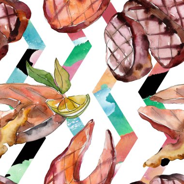 Izgara biftek lezzetli yemek. Suluboya arka plan illüstrasyon seti. Kesintisiz arka plan deseni.