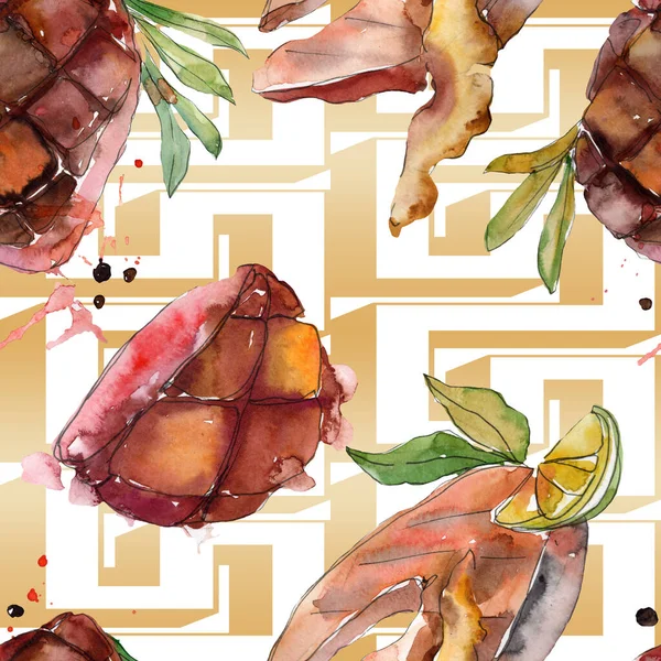 Gegrilde biefstuk lekker eten. Aquarel achtergrond illustratie instellen. Naadloos achtergrond patroon. — Stockfoto