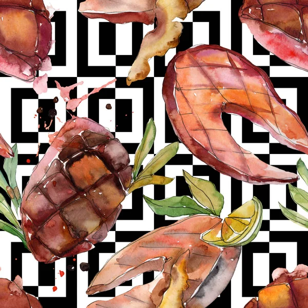Grilled steak tasty food. Watercolor background illustration set. Seamless background pattern. — Stock Photo, Image