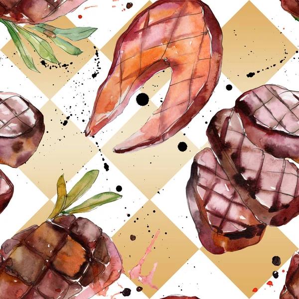 Carne a la parrilla sabrosa comida. Conjunto de ilustración de fondo acuarela. Patrón de fondo sin costuras . — Foto de Stock