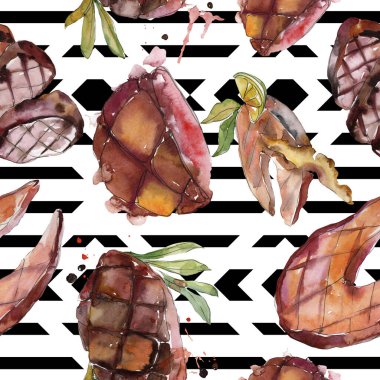 Izgara biftek lezzetli yemek. Suluboya arka plan illüstrasyon seti. Kesintisiz arka plan deseni.