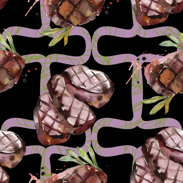 Gegrilde biefstuk lekker eten. Aquarel achtergrond illustratie instellen. Naadloos achtergrond patroon. — Stockfoto