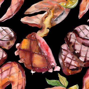 Izgara biftek lezzetli yemek. Suluboya arka plan illüstrasyon seti. Kesintisiz arka plan deseni.