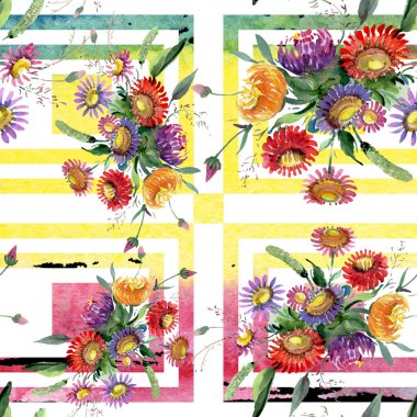 Buket çiçek botanik çiçekler. Suluboya arka plan illüstrasyon küme. Sorunsuz arka plan deseni.