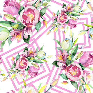 Buket çiçek botanik çiçekler. Suluboya arka plan illüstrasyon küme. Sorunsuz arka plan deseni.