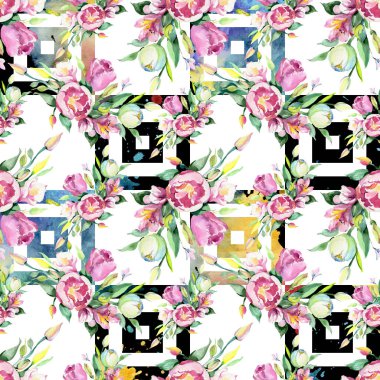 Buket çiçek botanik çiçekler. Suluboya arka plan illüstrasyon küme. Sorunsuz arka plan deseni.