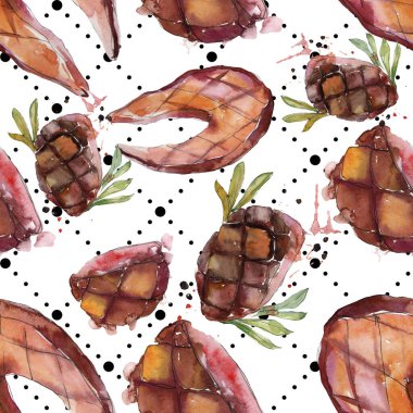 Izgara biftek lezzetli yemek. Suluboya arka plan illüstrasyon seti. Kesintisiz arka plan deseni.