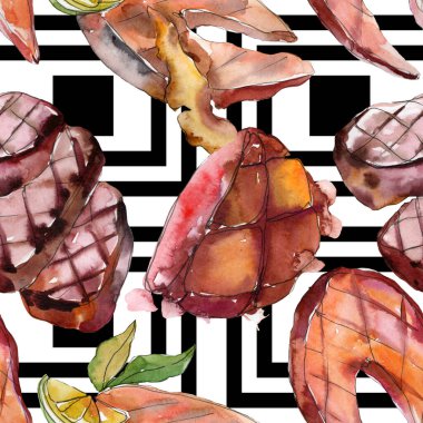 Izgara biftek lezzetli yemek. Suluboya arka plan illüstrasyon seti. Kesintisiz arka plan deseni.