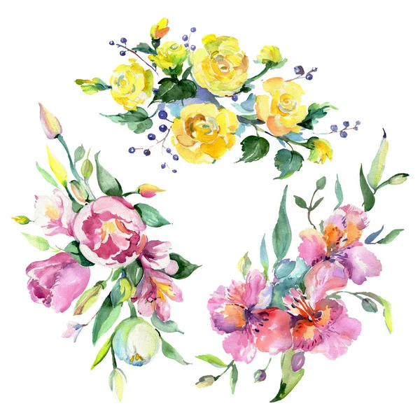 Bouquet floral de fleurs botaniques. Ensemble d'illustration de fond aquarelle. Bouquets isolés élément illustration . — Photo