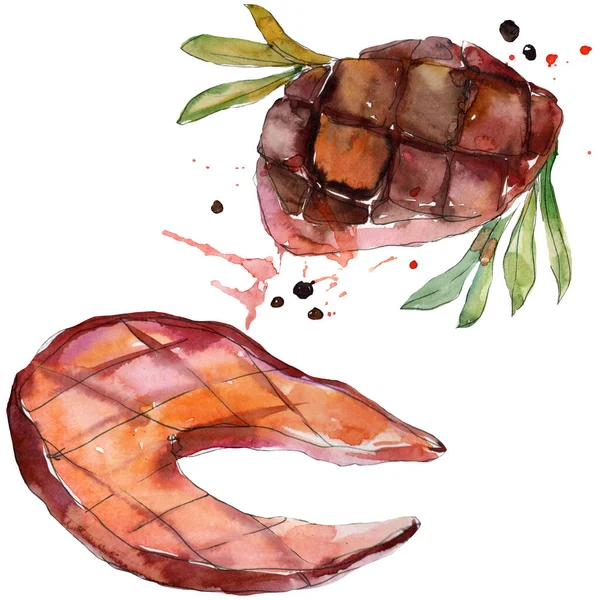Grilled steak tasty food in a watercolor style set. Barbeque meat illustration background. Isolated steak element.