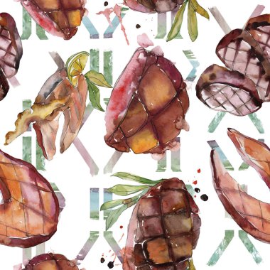 Izgara biftek lezzetli yemek. Suluboya arka plan illüstrasyon seti. Kesintisiz arka plan deseni.