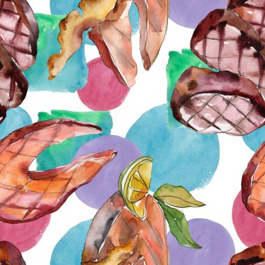 Izgara biftek lezzetli yemek. Suluboya arka plan illüstrasyon seti. Kesintisiz arka plan deseni.