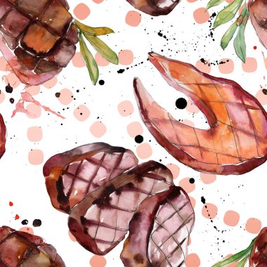 Izgara biftek lezzetli yemek. Suluboya arka plan illüstrasyon seti. Kesintisiz arka plan deseni.