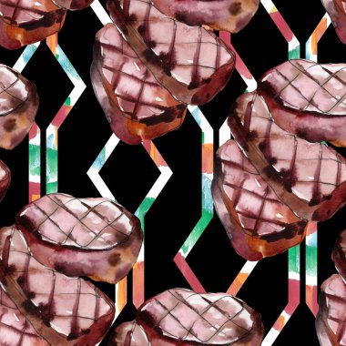 Izgara biftek lezzetli yemek. Suluboya arka plan illüstrasyon seti. Kesintisiz arka plan deseni.