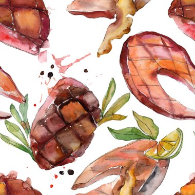 Izgara biftek lezzetli yemek. Suluboya arka plan illüstrasyon seti. Kesintisiz arka plan deseni.