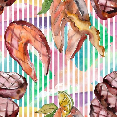 Izgara biftek lezzetli yemek. Suluboya arka plan illüstrasyon seti. Kesintisiz arka plan deseni.