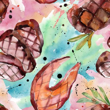 Izgara biftek lezzetli yemek. Suluboya arka plan illüstrasyon seti. Kesintisiz arka plan deseni.