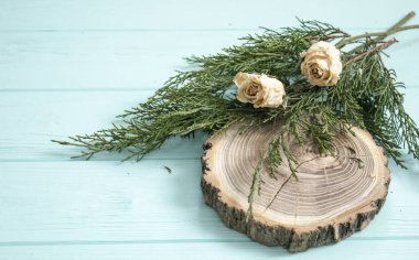 Kurutulmuş güller, ardıç dalları ve kesim ahşap 