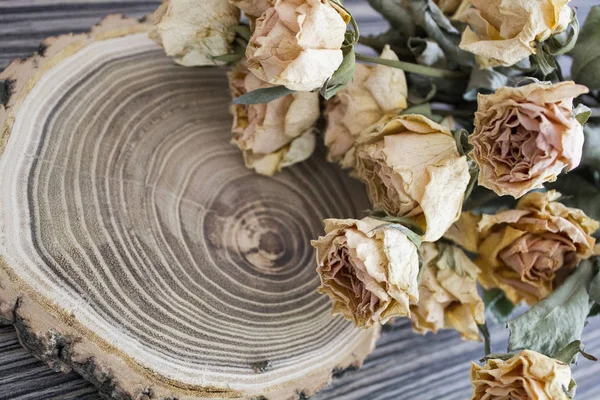 La madera cortada con rosas secas — Foto de Stock