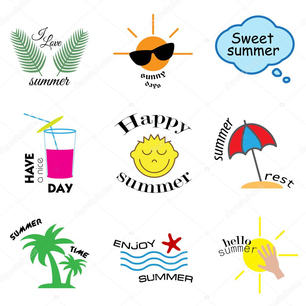 Summer labels, logos, hand drawn tags and elements set for summer holiday, travel, beach vacation, sun. Vector illustration.