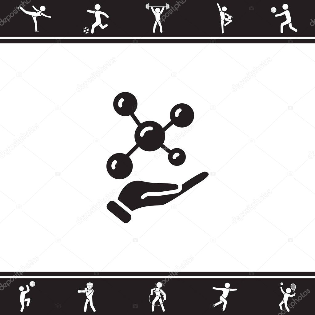 Web line icon. Molecule in hand, science concept,  vector illustration