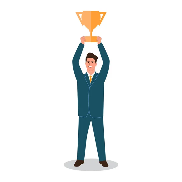 Businessman standing and holding winner cup — Stock Vector