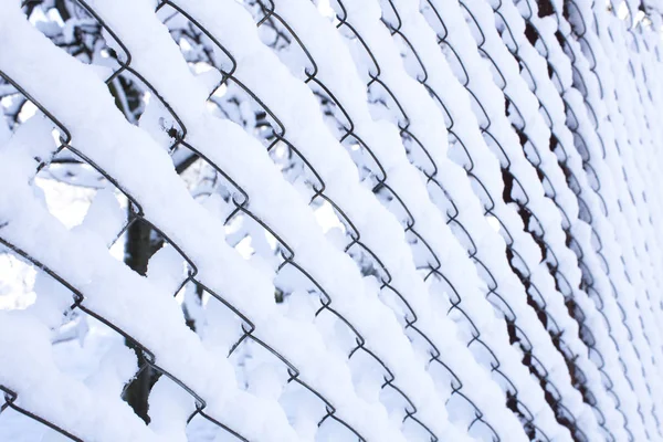 Kar Ile Kaplı Örgü Çit Yakın Çekim — Stok fotoğraf