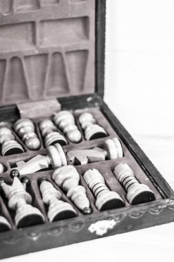 Ahşap Satranç taşları satranç kutusunun içinde.