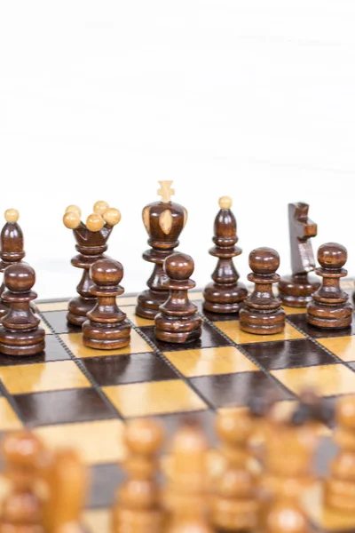 Close View Wooden Chess Pieces Battle — Stock Photo, Image