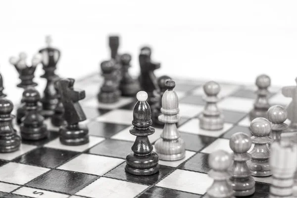 View Chess Board Wooden Chess Pieces Battle — Stock Photo, Image