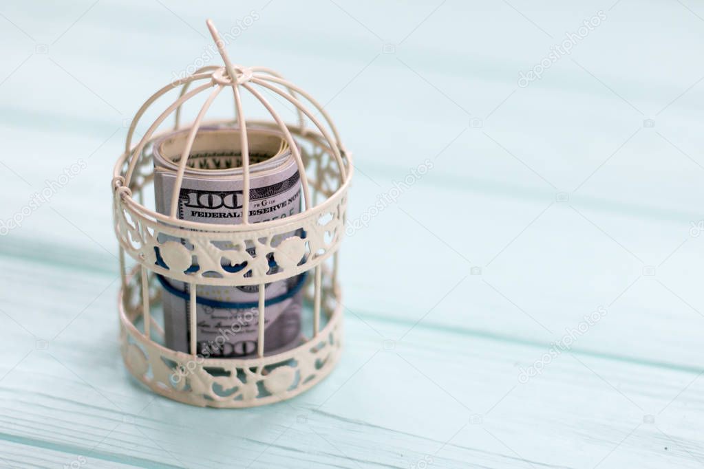 dollar bills in iron cage on a wooden background