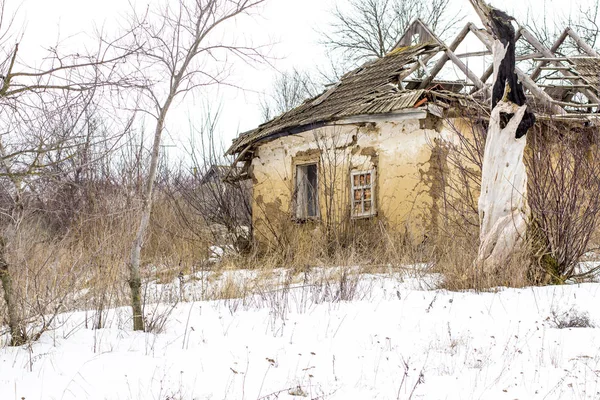 在乌克兰村庄的老粘土房子 在雪地里毁了粘土屋 被毁坏的黏土房子和枯萎的树 — 图库照片