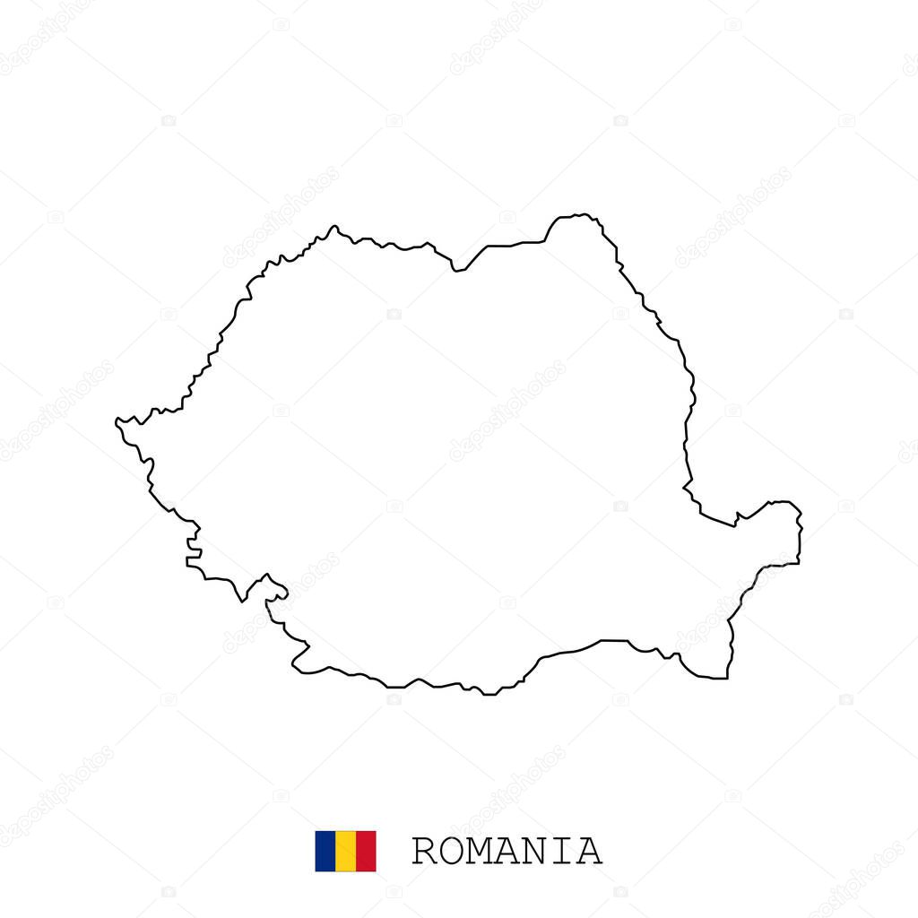 Romania, Rumania map line, linear thin vector. Romania, Rumania simple map and flag.