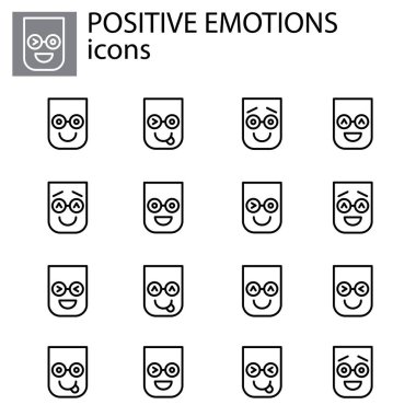 Pozitif duygular vektör doğrusal simgesini belirler. pozitif yüz ifadesi emoticon vektör işareti, beyaz arkaplan üzerindeki siyah sembol