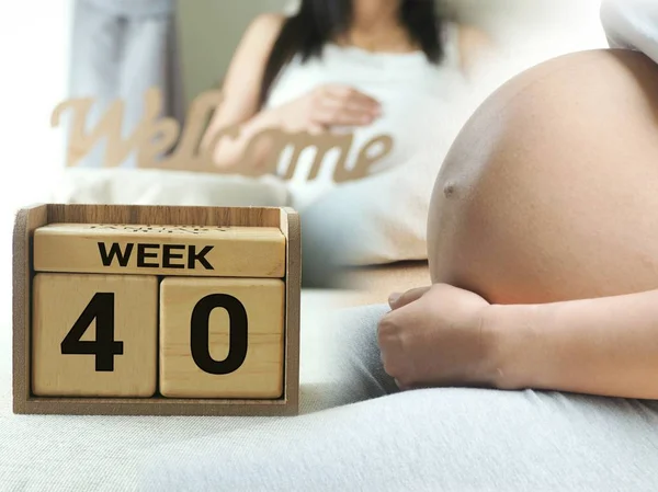 Kalender med vecka 40 av gravida med graviditet kvinnan bakgrund. Moderskap koncept. Väntar ett kommande barn. Vederbörlig datum nedräkning. Stockfoto